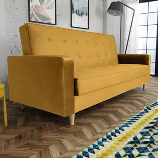 Schlafsofa im skandinavisches Stil Bamako Polstersofa mit Holzbeine Sofa mit Schlaffunktion Bettkasten Couch aus Velour, Farbe: Senfgelb, Kronos 01 - Gelb