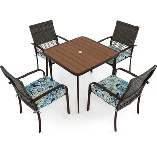 COSTWAY Gartenmöbel Set Polyrattan für 4 Personen, Sitzgruppe mit Tisch, 4 Rattanstühle & Kissen, Tischplatte mit Schirmloch, Sitzgarnitur, Essgruppe - Braun
