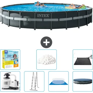 Intex Round Ultra XTR Frame Swimming Pool – 732 x 132 cm – inklusive Pumpe – Leiter – Bodenplane – Abdeckung Wartungspaket - Filterbälle - Solarmatte