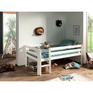 Vipack Spielbett »Vipack Pino«, (Made in Europe), Niedriges Spielbett mit Liegefläche 90 x 200 cm, inkl. Leiter und Rolllattenrost, Kiefer massiv weiß lackiert