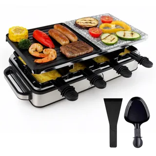 Raclette Set für 8 Personen mit heißer Steinplatte mit Pfännchen & Schaber - Rostfrei & Regulierbar (Eckig)