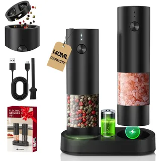 CIRCLE JOY Wiederaufladbare Elektrische Salz und Pfeffermühle Set Automatische Pfeffermühle mit Ladestation, Einstellbarer Grobheit, 140ml Behälter und Weißem LED Licht, Schwarz