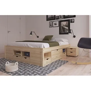 Interlink Inter Link - Funktionsbett - Bett mit Schubladen - Doppelbett 160 x 200 cm - 2 Große und 4 kleine Schubladen - Nachtkommode - Kiefer massivholz - Inkl Lattenrost - Natur lackiert - Claas