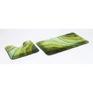 Goodway 2-teiliges Badematten Set Wave, grün mit Ausschnitt │ Größe: 50x90cm, 50x45cm │ Rutschhemmend, waschmaschinenfest, geeignet für Fußbodenheizung