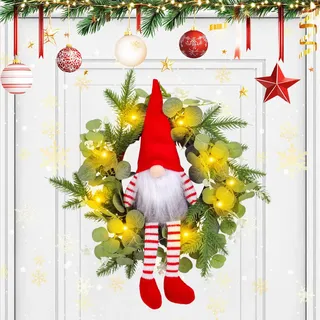 Türkranz Weihnachten Außen Beleuchtet, 36CM Wichtel Weihnachtskranz Haustür mit LED Licht Weihnachtsdeko Tür mit Eukalyptus Rote Beeren Weihnachtstürkranz Wichtel Weihnachtskranz Beleuchtet (A)