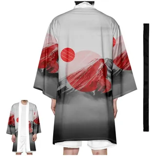 CHUIKUAJ Kimono-Cardigan für Herren, 3/4-Ärmel, Leichte Japanische Sommerjacke, Lockerer Morgenmantel – mit Gürtel,Grey-5XL