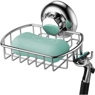 MaxHold Seifenkorb ohne Bohrmaschine – Seifenschale Dusche mit 2 Haken – Saugnapf Vakuumsystem – Edelstahl rostet nie – Schwammhalter für Küche