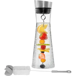 STONELINE Glaskaraffe 1 L mit Deckel aus Edelstahl Wasserkaraffe aus Borosilikatglas mit Fruchtspieß Spülbürste, Karaffe aus Glas für Heiße Kalte Hausgemachte Getränke Eistee Wein Kaffee Saft Limonade