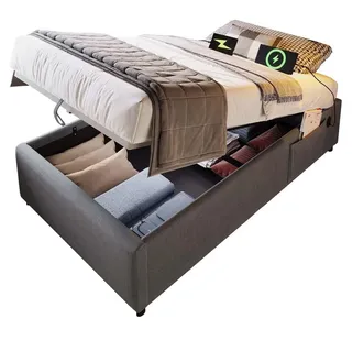 Flieks Polsterbett 90x190cm Einzelbett Stauraumbett mit Usb-C & Lattenrost Grau , Holz , 90x190 cm , Schlafzimmer, Betten, Polsterbetten
