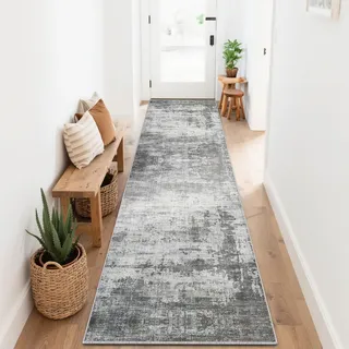 SOANNY Teppich Läufer, Kurzflor rutschfest Superweich, 80x300 cm, Aschgrau | Modern Abstrakt, Superweich, Waschbar, Pflegeleicht, Für Flur Korridor Küche Bettumrandung Wohnzimmer Schlafzimmer Büro