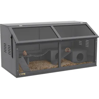 PawHut Hamsterkäfig aus holz, 100cm Nagerhaus, Kleintierstall, Spielhaus mit Hängebrücke, Leitern, zu öffnendes Dach, Hütte, Dunkelgrau - Dunkelgrau