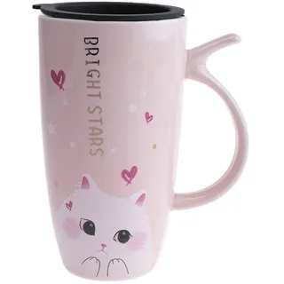 lachineuse - Kawaii Katzentasse 600ml - Große XXL rosa Porzellantasse - Japanische Tee- & Kaffeetasse - Mit Isolierdeckel - Glückskatze - Geschenkidee Tasse Japan Asien - Riesentasse