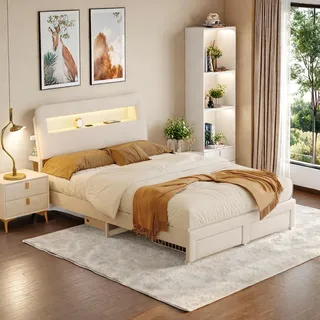 Bett mit Schubladen, 140 x 200 cm, in cremefarbenem Samt, Stauraum am Kopf- und Fußende, USB-Anschluss + LED-Beleuchtung, modernes Design - Beige
