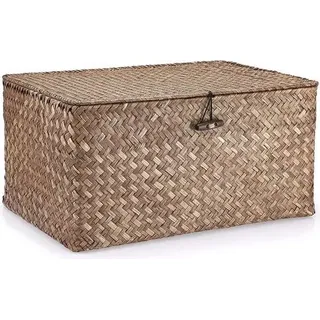 Aufbewahrungskorb aus Seegras mit Deckel – Multifunktionaler Schreibtischkorb für Badezimmer, Regale und Schreibtische (Kaffeebraun, L) - Braun