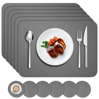 BANNIO 6er Set Tischsets Abwaschbar,Abwischbar Lederoptik Platzset und Untersetzer,Wasserdicht PVC Platzdeckchen Tischset für Hause Küche Restaurant und Hotel,41x31cm,Dunkelgrau