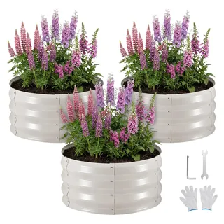 Hochbeet aus Metall - 3er-Set Rund Ø60 x 30 cm - Bodenloses Gartenbeet - Pflanzkasten für Außenbereich - Für Gemüse, Kräuter & Blumen - Mit Handschuhen - Beige - Beige