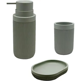 Relaxdays Bad Accessoires, 3-teilig, Seifenschale, Seifenspender, Zahnputzbecher, Polyresin, Bad Zubehör Set, hellgrau