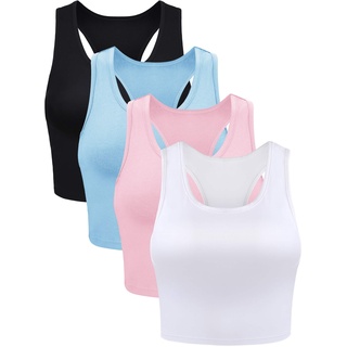 4 Stück Basic Crop Tank Tops Ärmelloses Racerback Crop Sport Baumwolle Top für Damen (Schwarz, Weiß, Blau, Rosa, L)