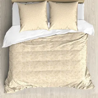 ABAKUHAUS Beige Bettbezug Set, Abstraktes Blumenmuster mit Blättern wirbelt Spiralen-Muster-dekoratives Botanik-Thema, 155 x 220 cm + 80 x 80 cm, Redwood Beige - Beige