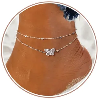 YADOCA Silber Fußkettchen für Damen Verstellbare Schmetterling Doppelte Fussketten Strand Fußschmuck Geschenke für Frauen Teenager Mädchen (Inklusive Geschenkbox)