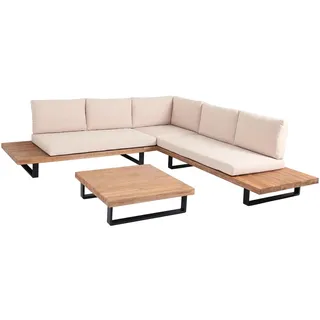 Mendler Garten-Garnitur HWC-H54, Garnitur Sitzgruppe Lounge-Set, Spun Poly Akazie Holz FSC® Alu ~ hellbraun, Polster beige