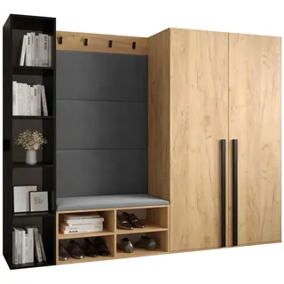 Möbel Kryspol Garderoben-Set 214/184/42 , Eichefarben, Grau , Holz , Nachbildung , 10 Fächer , 214x184x42 cm , Garderobe, Garderoben-Sets & Garderoben-Serien, Garderoben-Sets