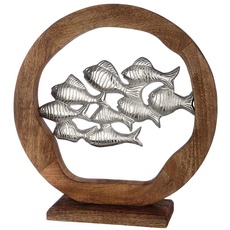 GILDE Dekoobjekt Standdeko Fisch Fischschwarm - Maritime Dekoration aus Holz und Aluminium - Ø 45 cm Höhe 13 cm