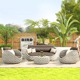 4-teiliges Gartenmöbel-Set aus Polyrattan–2 Einzelsessel, 1 Dreisitzer, 1 Tisch–wetterfest, wasserfest, ideal für Garten und Balkon Cremeweiß/TBSF-B3/ - Weiß