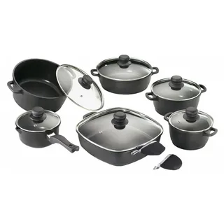 Karcher Topfset, Aluguss, Antihaftbeschichtung, inkl. 2 Thermogrips, 12-teilig , Schwarz , Metall , antihaftbeschichtet , Kochgeschirr, Töpfe, Topfsets