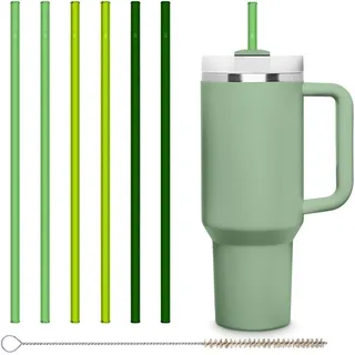 HALM Grüne Glasstrohhalme 6x 30 cm lang für Stanley Cup Quencher Tumbler & Flaschen bis 1,2 Liter + Reinigungsbürste Spülmaschinenfest - Wiederverwendbare Ersatz Strohhalme