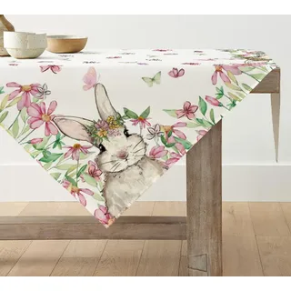 Artoid Mode Rosa Blumen Hase Ostern Tischdecke, Tischwäsche Frühling Küche Tisch Dekoration Drinnen Urlaub Party Dekor 100x100 cm