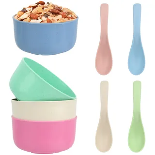 WYTNB 4Stks Unzerbrechliche Müslischalen, Kunststoff Suppenschüssel, Spülmaschinen und Wiederverwendbar Salatschüssel, Camping Snack Pastaschalen mit 4 Löffeln für Snack Frühstück (450ml)