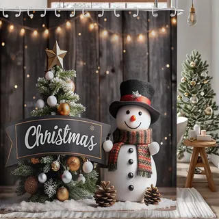Duschvorhang Weihnachten 180x200, Hnmdmyi Winter Schneemann Weihnachtsbaum Rustikale Holzbrett Duschvorhänge Frohe Weihnachten Urlaub Badewanne Vorhang Wasserdicht Polyester Stoff Waschbar Badevorhang