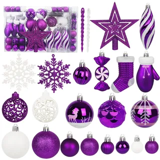 Miaikoe 135 Pcs Weihnachtskugel Ornamente Set, bruchsichere Kunststoff Verschiedene vorgebundene Weihnachtskugeln für Weihnachtsbaum Hängende Dekorationen Festival Party Feiertagsdekoration (Lila)