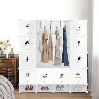 Modulare Garderobe - Kleiderschrank mit Würfeln - 16 Würfel + 4 Schuhfächer - Kunststoffpaneele, Metallrahmen - Selbstmontage - Modernes Design - Weiß