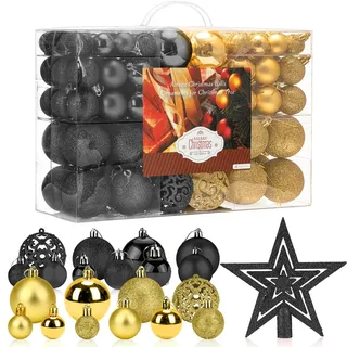 Aitsite 101 Stück Christbaumkugeln Schwarz und Gold Weihnachtskugeln 6CM/4 cm/2 cm Kunststoff Christbaumschmuck Wandbehang Ornamente Weihnachtsbaum Kugeln Flitter Tür Dekorationen Festival Dekore
