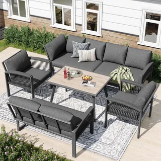 Flieks Gartenlounge-Set 8 Personen, Gartenmöbelset Balkonmöbelset 6-tlg.,Gartentisch mit Kunststoffplatte, Gartengarnitur Sofagarnitur mit Kissen Grau - Grau