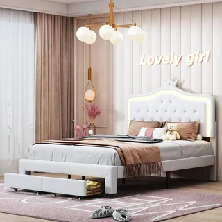 Kinderbett 140 x 200 cm, gepolstertes Einzelbett 140 x 200 cm mit Schublade, verstellbarer LED-Beleuchtung, Prinzessinnenbett mit Krone, PU, weiß