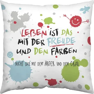 H:)PPY life Kissen Motiv "Leben ist das mit der Freude"| Zierkissen, Baumwolle, 40 cm x 40 cm | Kissen mit Spruch | 45359