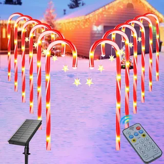Weihnachtsbeleuchtung Solar Außen, 12 Stück LED Zuckerstangen mit Stern Außen 8 Modi Solar Lichterkette Weihnachtsdeko Aussen, Weihnachtsweg, Wasserdicht Gartenleuchte Weihnachts Beleuchtung Deko