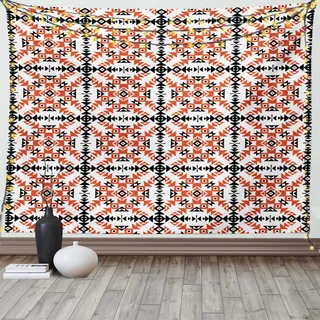ABAKUHAUS altertümlich Wandteppich, Aztekischer ethnischer Stammes-, Wohnzimmer Schlafzimmer Heim Seidiges Satin Wandteppich, 200 x 150 cm, Orange Weiß Schwarz