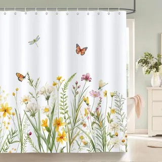 Bonhause Duschvorhang Frühlingsblumen Gelb Weiß Wildblume Pflanze Schmetterling Duschvorhänge 180 x 180 cm Anti-Schimmel Wasserdicht Polyester Stoff Waschbar Bad Vorhäng für Badzimmer mit 12 Haken