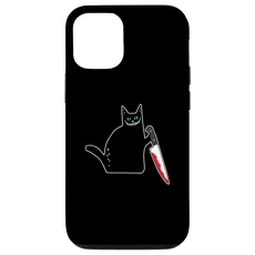 Hülle für iPhone 15 Pro Lustige schwarze Katze mit blutigem Messer Grinse Katze