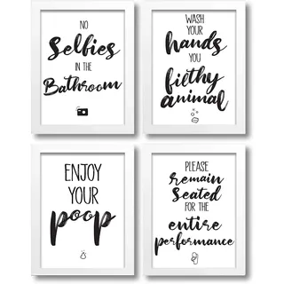 WIETRE Premium 4er-Set lustige Bad WC Sprüche | Badezimmer Toilette Zitate - Deko Bild | Kunstdruck A4 Poster witzig (mit weißen Rahmen)