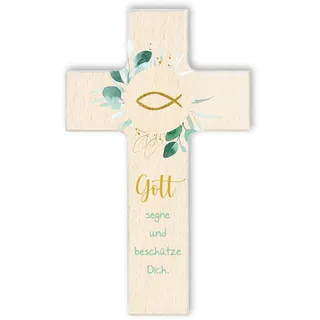 Fritz Cox Holzkreuz Fisch | Gott segne und beschütze Dich | christliches Geschenk für Kinder natur,15cm
