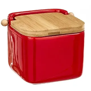 D'CASA Salzstreuer rot Keramik mit Deckel aus Bambus, 12 x 12 x 11 cm