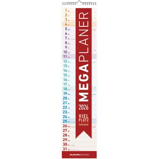 Simplex Megaplaner 2026 - Streifen-Kalender 15x64 cm - mit Ferienterminen - viel Platz für Notizen - Wandplaner - Küchenkalender - Alpha Edition