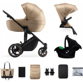 Kinderkraft PRIME 2 3-in-1 - Kinderwagen bis 22 kg - Babytragetasche, Autositz MINK PRO - vollgefederte Räder - wasserdichtes Verdeck - Beige