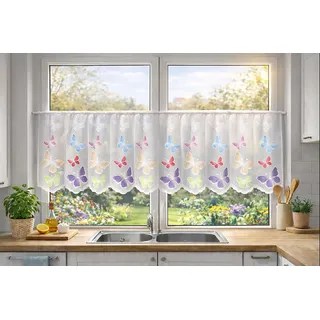 KAMACA Bistrogardine Kürzbare Scheibengardine Küchengardine mit handcolorierten Motiven Halbtransparenter Kurzstore Lichtdurchlässiger Sichtschutz Individuell anpassbar (HxB 45x145 cm Schmetterlinge)