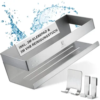 EDELZ® Bad Duschablage Duschkorb ohne Bohren – Shampoo Halterung für Dusche zum Kleben aus rostfreiem mit original 3M Klebepads, 2 beweglichen Haken, extra Rasiererhalter (Edelstahl-Silber)